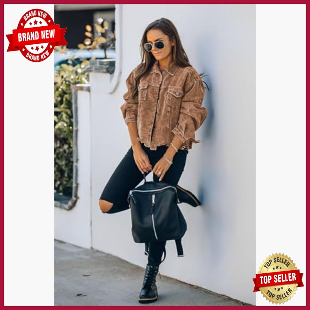 Cropped Corduroy Jacket Oversized Shacket Fringe Hem Casual Button Down - Picture 3 of 7